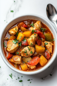 This image shows a steaming bowl of homemade chicken vegetable stew, generously garnished with fresh herbs and ready to be enjoyed as a warm and comforting meal.