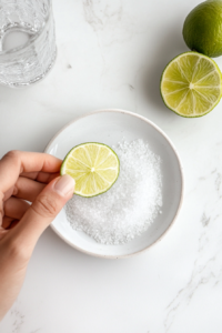 This image shows a small plate filled with salt, prepared for coating the rim of a margarita glass to enhance its flavor.