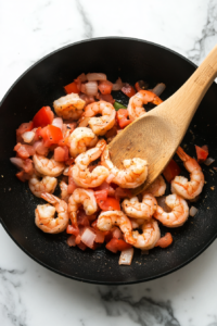 This image shows onions and tomatoes being cooked in a skillet until soft and fragrant, adding depth of flavor to the dip.