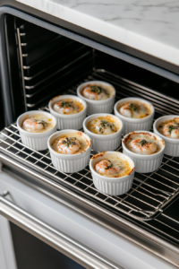 This image shows the cheesy garlic shrimp baking in the oven, with the cheese melting into a golden, bubbly layer.
