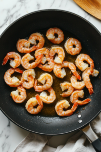 This image shows shrimp sizzling in a pan as they cook to a perfect, juicy texture, turning a beautiful pink while absorbing all the seasonings.