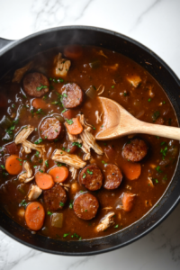 This image shows a ladle removing foam from the surface of the simmering gumbo, ensuring a smooth and flavorful broth.
