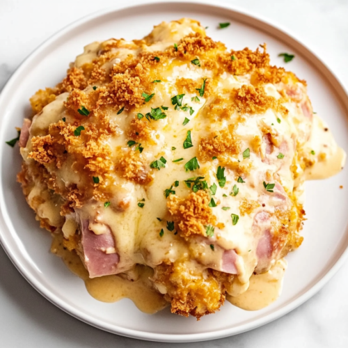 This image shows a serving of slow cooker chicken cordon bleu on a white round plate, with melted cheese and chopped cilantro on top for extra flavor.