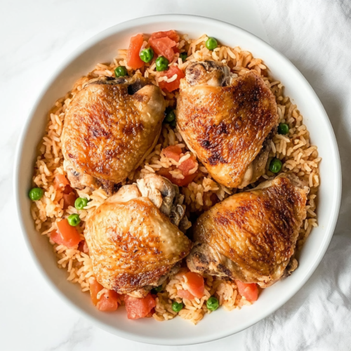 This image shows a comforting bowl of slow cooker chicken and rice, with tender pieces of chicken resting on top of fluffy rice mixed with peas and carrots, served in a white bowl.