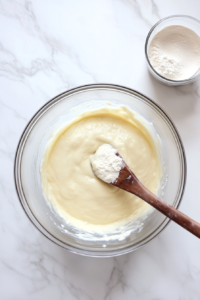 This image shows flour being added gradually into the mixing bowl, ensuring a smooth and elastic dough for the cinnamon rolls.
