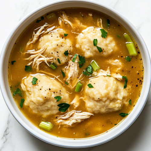 This image shows a comforting bowl of Southern Homemade Chicken and Dumplings, featuring tender shredded chicken, soft dumplings, and a creamy broth with onions, celery, and black pepper, served in a white bowl.