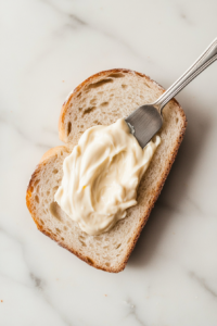 This image shows a hand using a knife to spread a creamy red wine vinegar mayo onto a slice of bread, adding tangy flavor to the turkey melt sandwich.