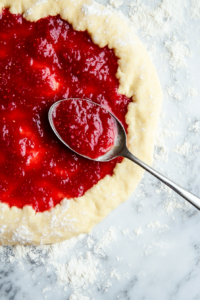 This image shows a spoon spreading a thick layer of sweet strawberry compote over the rolled-out dough, adding a fruity twist to the cinnamon rolls.