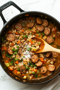 This image shows a hand sprinkling a blend of Cajun spices into the gumbo mixture, enhancing the dish with bold flavors of paprika, thyme, and cayenne pepper.