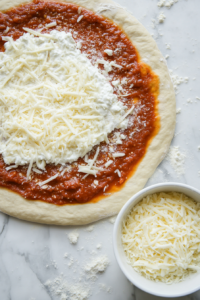 This image shows shredded cheese being evenly distributed over the Alfredo sauce, adding a gooey and delicious layer to the calzone filling.