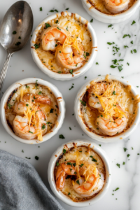 This image shows a generous layer of cheese being sprinkled over the shrimp, ensuring a perfectly golden and bubbly topping.