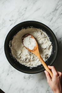This image shows a hand sprinkling flour over a pot of sautéed onions, celery, carrots, and garlic, creating a light coating that will help thicken the broth of the chicken vegetable stew.