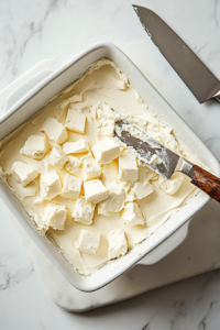 This image shows a hand evenly sprinkling half of the dry cake mix over the lemon pie filling, forming the second layer of the cake.