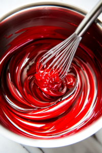 This image shows vibrant red food coloring being stirred into the bubbling syrup, giving the candy apple coating its signature glossy red finish.