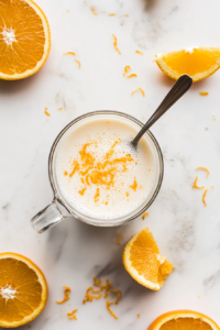 This image shows a small bowl containing milk, freshly squeezed orange juice, and orange zest being stirred together to enhance the citrus flavor of the loaf.