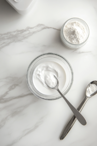 This image shows a bowl of milk with cornstarch being stirred in to create a smooth, lump-free mixture for thickening the filling.