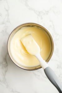 This image shows custard being stirred continuously over heat, thickening into a rich and velvety texture.