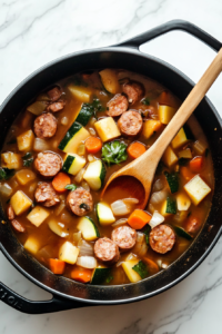This image shows a wooden spoon stirring freshly minced garlic into the pot, releasing its rich aroma as it blends with the other ingredients in the gumbo.