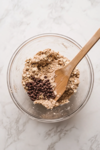 This image shows oats and chocolate chips being gently folded into the cookie dough, ensuring an even distribution of texture and flavor.