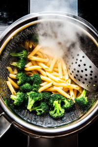 This image shows a colander filled with freshly drained penne pasta and tender broccoli florets, ready to be mixed into the creamy sauce.