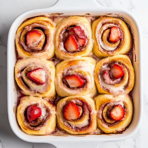This image shows a dish of freshly baked Strawberry Cinnamon Rolls, topped with a rich cream cheese frosting and garnished with sliced strawberries for a delicious finishing touch.