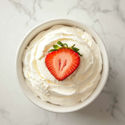 This image shows a creamy Strawberry Icebox Cake served in a round white bowl, topped with a half-cut strawberry for an extra burst of fruity flavor.