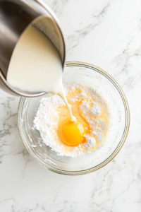 This image shows warm milk being slowly poured into the whisked egg yolks and sugar, carefully tempering the mixture to avoid curdling.