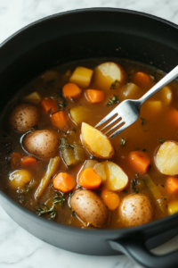 This image shows a fork piercing a piece of potato in the bubbling stew, checking for tenderness to ensure that the vegetables are perfectly cooked and ready to serve.