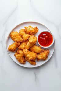 This image shows the completed sweet and sour sauce, thick, glossy, and rich in flavor, ready to be served with crispy breaded Chinese chicken.