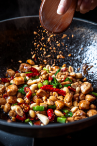 This image shows roasted peanuts being sprinkled over the saucy chicken, adding the signature crunch and nutty flavor to the dish.