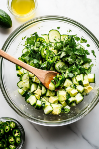 This image shows a bowl of thinly sliced cucumbers mixed with fresh herbs, being tossed together to create a crisp and refreshing salad for Vietnamese rice bowls.