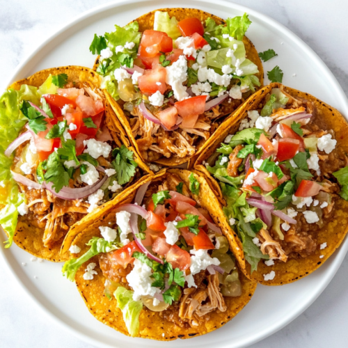 This image shows crispy Tostadas de Pollo topped with shredded lettuce, juicy tomato slices, and vibrant pickled onions, creating a flavorful and satisfying dish.