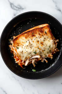 This image shows a turkey melt sandwich sizzling on a skillet, with the bread turning golden brown and the cheese starting to melt.