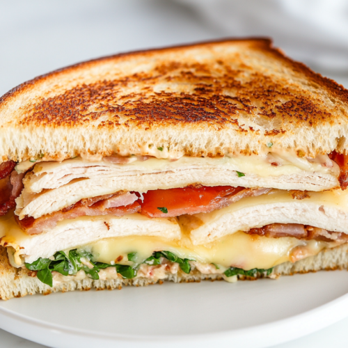 This image shows a turkey melt sandwich with golden, crispy bread, layered with sliced turkey, melted cheese, and fresh vegetables, served warm and ready to enjoy.