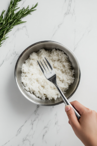 This image shows a fork gently fluffing the wild rice to separate the grains, creating a light and airy texture.