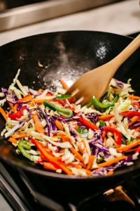 A colorful mix of vegetables, including bell peppers and carrots, being stir-fried in a wok for chow mein.