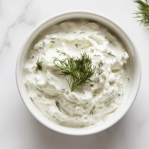 This image shows a creamy veggie dip served in a white bowl, garnished with fresh herbs for a vibrant and flavorful presentation.