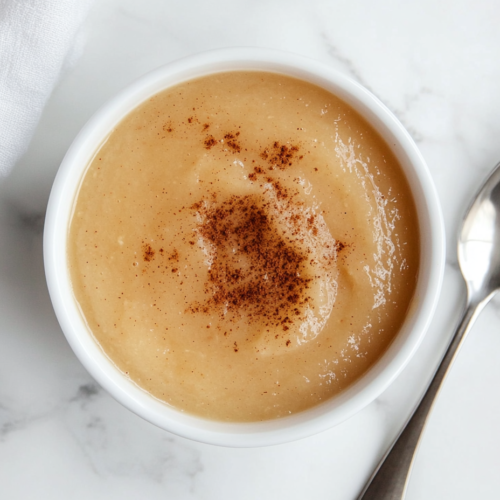 This image shows a bowl of homemade applesauce, golden and smooth, sprinkled with ground cinnamon, served in a white bowl with a spoon on the side.