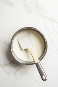 This image shows milk gently heating in a saucepan, preparing the base for a rich and velvety custard.