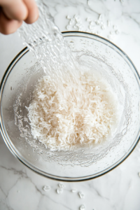 This image shows rice being rinsed under running water in a fine-mesh strainer to remove excess starch for a fluffy texture.