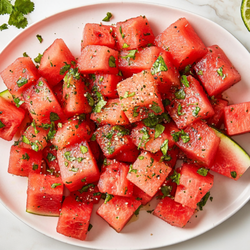 This image shows fresh watermelon slices sprinkled with Tajín seasoning, topped with a squeeze of lemon juice and a fresh mint leaf for an extra burst of flavor and freshness.