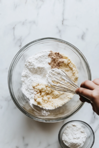 This image shows a mixing bowl filled with flour, baking powder, and salt being whisked together to create the dry ingredient base for the cranberry orange loaf.