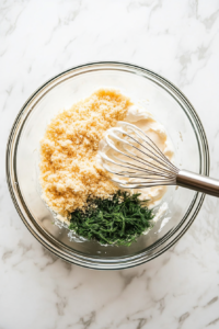 This image shows a mixing bowl filled with ingredients being whisked together to create a smooth and creamy veggie dip.