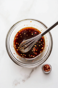 This image shows a small bowl of sauce ingredients being whisked together, creating a rich and flavorful dressing for the Vietnamese rice bowls.