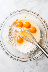 This image shows a bowl of eggs, sugar, and melted butter being whisked together to form the rich and tender dough base for Polish cheese babka.