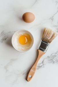 This image shows an egg wash being whisked in preparation for brushing onto the puff pastry, ensuring a golden and shiny crust after baking.