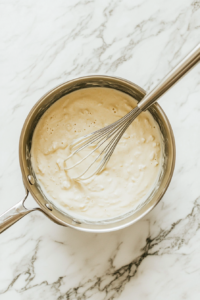 This image shows a bowl of creamy sauce made by whisking together cream of chicken soup, broth, and milk, creating a smooth and flavorful topping.
