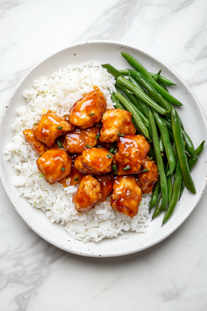 honey-bourbon-chicken-plated-with-rice-and-green-beans