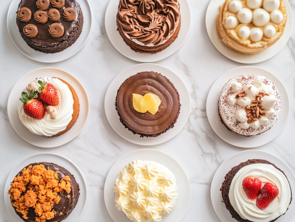 This image shows a beautiful display of ten delicious cakes on a smooth marble slab, including Lemon Meringue Cake, Devil's Food Cake with chocolate frosting, creamy Basque Cheesecake, Cookie Icebox Cake, Carrot Cake, and Coconut Cream Cake, all showcasing their tempting textures and flavors.
