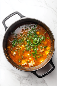This image shows a large pot of soup rapidly boiling, as the flavors meld together, creating a rich and comforting dish.